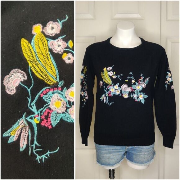 Anthropologie Moth floral butterfly embroidered crewneck sweater sz S - Picture 1 of 7